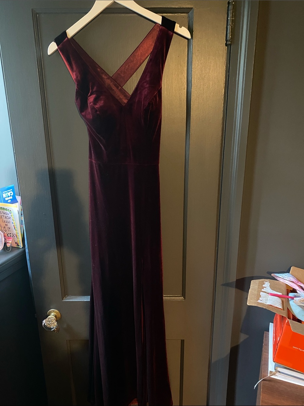 Elegant Women's V-Neck Long Dress - Asher Velvet Dress in Burgundy - Revelry